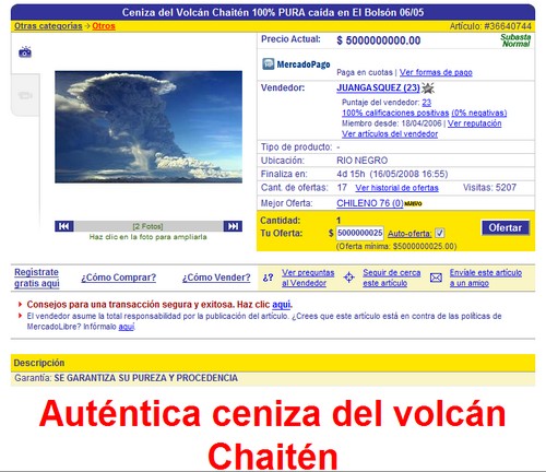 mercadolibrechaitencenizas Mercado Libre: Vendo Cenizas